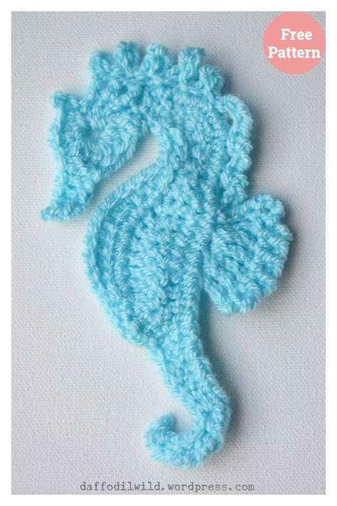 Seahorse Motif Free Crochet Pattern Applique Crochet Patterns, Crochet Seahorse, Motif Crochet Pattern, Crochet Starfish, Crochet Sea Creatures, Crochet Applique Patterns Free, Crochet Fish, Crochet Appliques, Crochet Mermaid