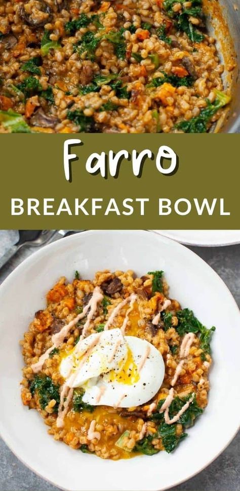 Super savory and hearty, this farro breakfast bowl is packed with veggies and topped with a poached egg and creamy harissa labneh for a kick! #healthybreakfastideas Breakfast Farro Recipes, Farro Breakfast Bowl, Porage Bowl Recipe, Farro Breakfast Recipes, Farro Breakfast, Farro Bowls, Harissa Sauce, Wheat Berry, Breakfast Bowls Recipe