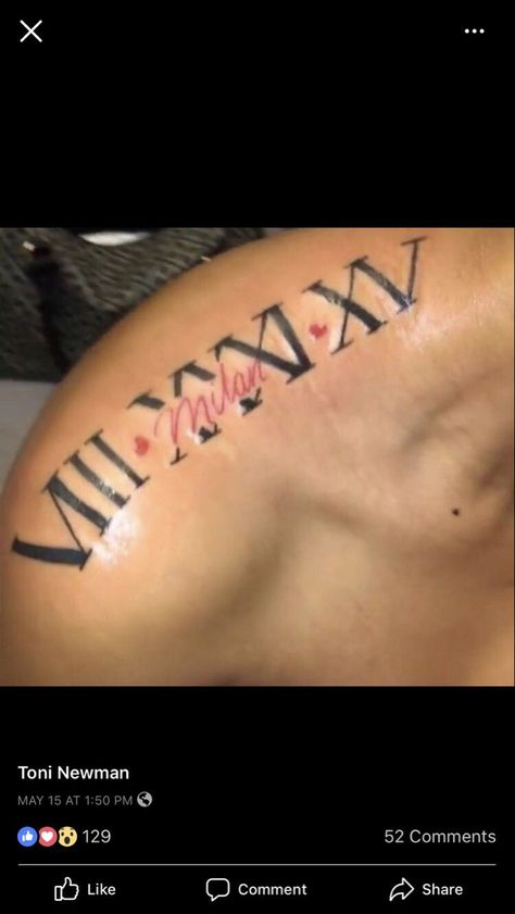 Tattoos for black girls Shoulder Tattoos For Women Roman Numeral, Roman Numeral Shoulder Tattoo, Roman Numeral Tattoo On Shoulder, Roman Numeral Tattoo With Name, Boyfriend Tattoo Ideas, Niece Tattoo, Boyfriend Name Tattoos, Nefertiti Tattoo, Jerry Tattoo