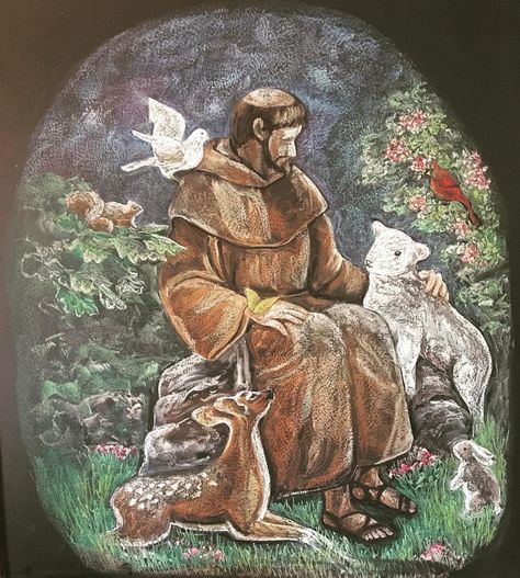 Chalk Drawings Of Waldorf on Instagram: “Kindness as demonstrated by St. Francis towards all the creatures of the forest gathered around him in trust and peace. 2nd grade…” Chalkboard Pictures, Blackboard Drawing, Blackboard Art, Waldorf Education, Chalkboard Drawings, San Francesco, Chalk Drawings, St Francis, Waldorf Inspired