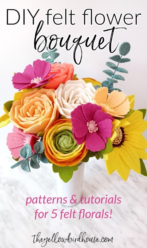 DIY Felt Cosmos Flower - Free Pattern - The Yellow Birdhouse Cricut Flower Patterns Free, Felt Floral Bouquet, Spring Felt Wreath Diy, How To Felt Flowers, Diy Felt Bouquet, Felt Flowers Bouquet Diy, Peony Felt Flower Pattern, Felt Flowers Patterns Free, Felt Free Pattern Templates