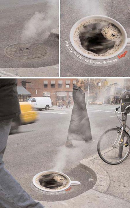 Ridiculously creative/resourceful ad for Folgers coffee by Saatchi & Saatchi [450 x 716] - Imgur Marketing Campaign Design, Guerrilla Advertising, Funny Commercial Ads, Guerrilla Marketing, Clever Advertising, Creative Flooring, 광고 디자인, Commercial Ads, Publicidad Creativa