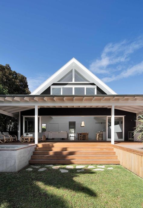 A covered deck linking every part of this coastal home has kept a Sydney family close. Brick Beach House, Beach Shacks, Timber Stair, Living Pool, Beach House Exterior, Covered Deck, Contemporary Coastal, House Deck, Modern Beach House