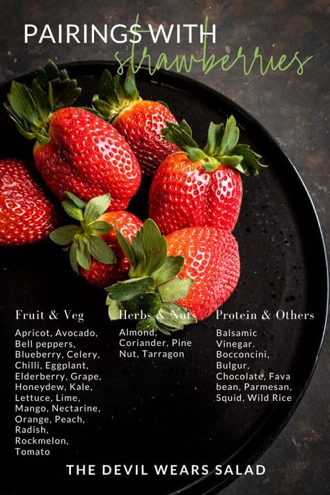 What goes well with strawberry? If you're looking for some inspiration for ingredient pairings for your next salad recipe, check out our flavour profiles for food pairings! #thedevilwearssalad #foodpairings #saladwithstrawberry #strawberry #saladrecipes Flavour Pairing, Flavour Profiles, Dairy Snacks, Culinary Lessons, Spiced Almonds, Food Pairing, Berry Salad, Savory Salads, Cheese Tasting