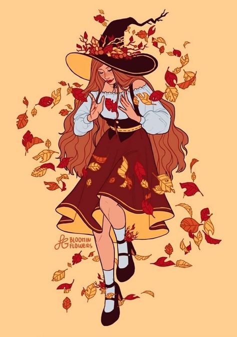 Witch Autumn Aesthetic, Fall Vibes Drawings, Autumn Witch Art, Wicca Wallpaper, Autumn Character, European Mythology, Witch Anime, W.i.t.c.h Fanart, Redhead Art