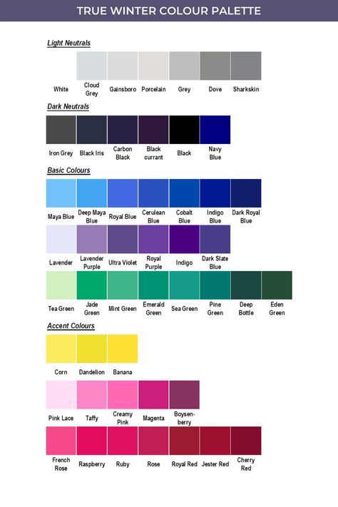 Winter Colour Analysis Palette, True Winter Color Palette Outfits Summer, True Winter Color Palette Analysis, True Winter Neutral Color Palette, True Winter Wardrobe Palette, True Winter Colour Palette Outfits, Palette Winter Cool, True Winter Colour Palette, True Winter Color Analysis