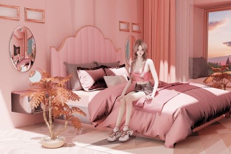 Sims4 Pink Furniture, Sims 4 Girly Bedroom Cc, Blender Furniture, Sims 4 Blender Render, Sims 4 Pink Apartment, Scene Room, Scene Bedroom, Feminine Room, Sims 4 Beds