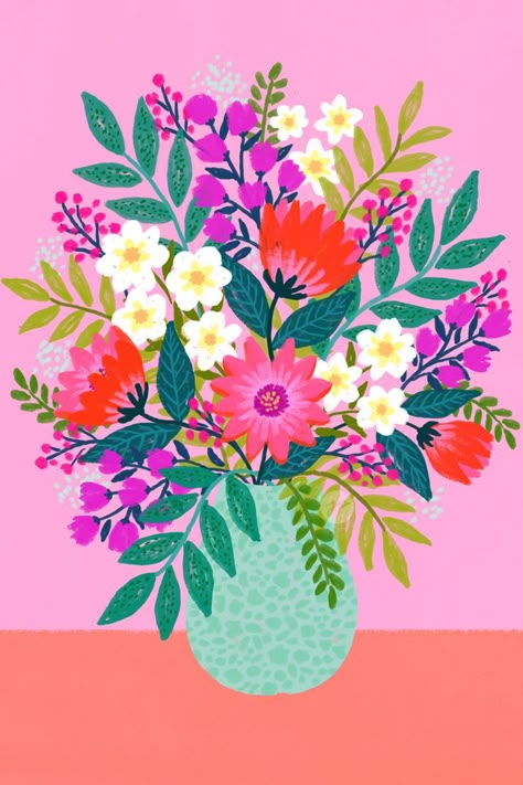 Summer Flower Illustration, Flower Bouquet Paintings, Posca Flowers, Aesthetic Flower Vase Painting, Flower Illustration Simple, Flower Arrangement Painting, August Bouquet, Bouquet Of Flowers Painting, Flower Vase Illustration