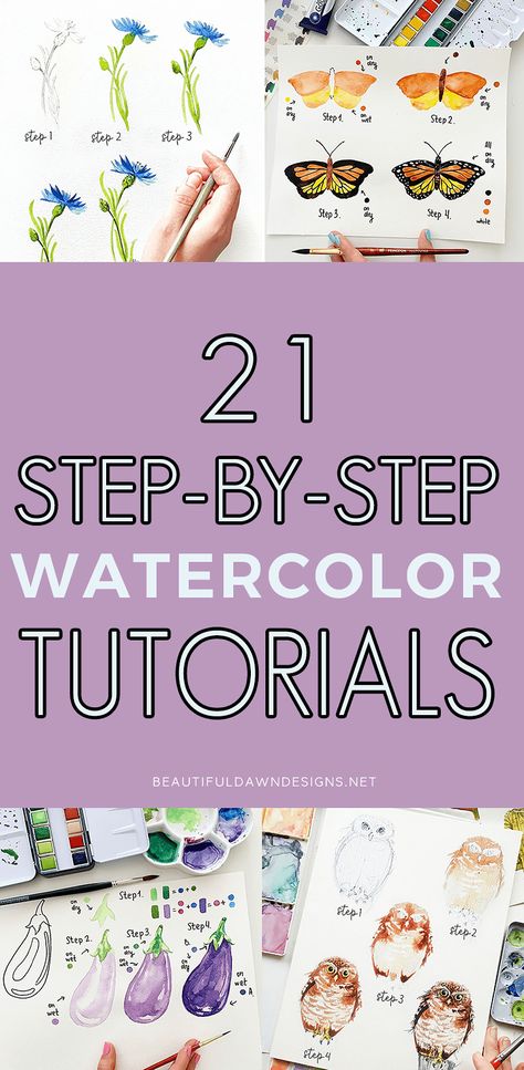 Watercolor Peacock Tutorial, How To Paint Watercolor Flowers Step By Step, Watercolor 101 Tutorials Art Lessons, Ideas To Paint With Watercolor, Watercolor Painting Drills, Beginner Watercolor Projects, Watercolor Painting For Beginner, Watercolor Art Intermediate, Water Coloring Ideas Easy Sunset