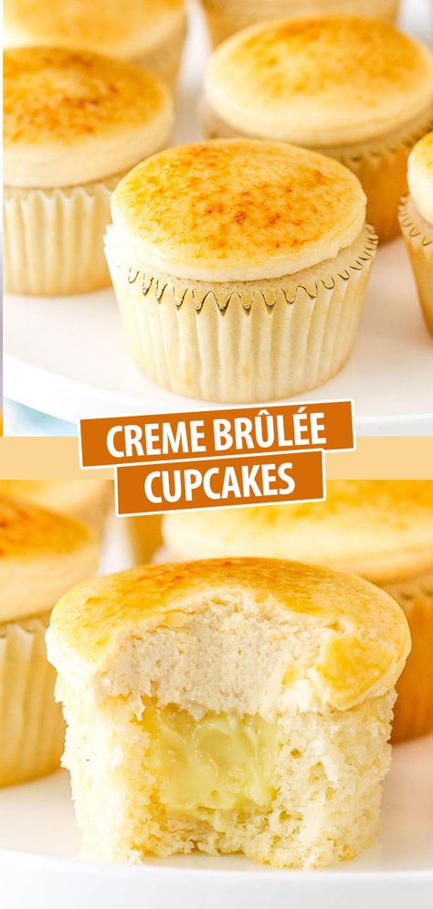 Creme Brulee Cupcakes, Cupcakes Vanilla, Pastry Cream Filling, Brulee Recipe, Creme Brûlée, Caramel Frosting, Filled Cupcakes, Gourmet Cupcakes, Caramelized Sugar