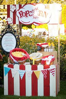 Wedding Carnival - Popcorn Booth | by yourhomebasedmom Circus Themed Birthday Party, Wedding Carnival, Popcorn Stand, Fall Carnival, Circus Carnival Party, Carnival Wedding, Carnival Themed Party, Popcorn Party, Movie Night Party