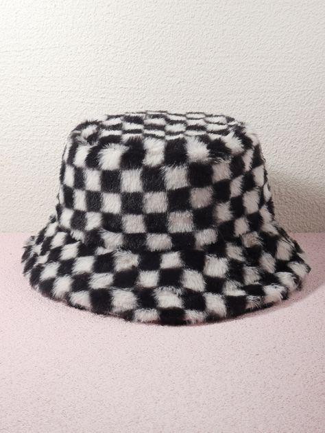 Black and White Casual   Polyester Plaid Bucket Hat Embellished  Fall/Winter Women Accessories Checkered Bucket Hat, Cute Bucket Hats, Plaid Bucket Hat, Fuzzy Bucket Hat, Fluffy Bucket Hat, Bucket Hat Pattern, Dope Hats, Bucket Hat Women, Funny Hats