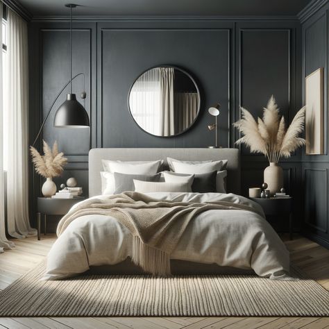 Modern Dark Room Aesthetic, Modern Mountain Guest Bedroom, Neutral Bedroom Ideas Master Suite, Bedroom Ideas For Older Women Over 50, Organic Modern Guest Bedroom, Bedroom Ideas Aesthetic Black, Dark Bedroom Ideas Luxury, Dark Gray Bedroom Ideas, Dark Color Bedroom