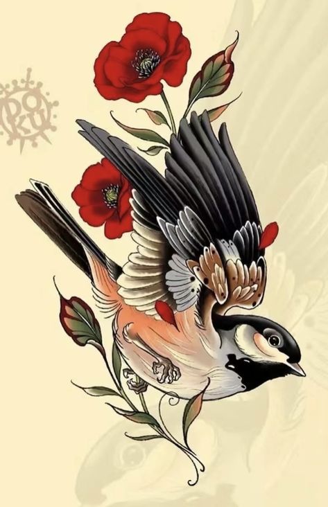 Two Love Birds Drawing, Neotraditional Sparrow, Japanese Bird Tattoo Design, Neotraditional Swallow Tattoo, Neo Trad Bird Tattoo, Neo Trad Back Piece, Neo Traditional Bird Tattoo Design, Neotraditional Cardinal, Sparrow Chest Tattoo