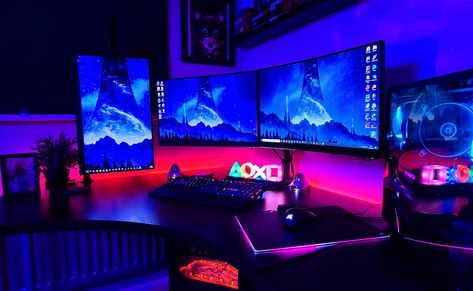 Absolutely loving the blue red and pink lighting recently Bedroom Gaming Setup, Gamer Room Diy, Racing Setup, Computer Desk Ideas, Simple Computer Desk, Gaming Bedroom, Gaming Setup Ideas, Bedroom Gaming, Best Gaming Setup