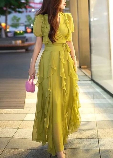 New Green V Neck Ruffled Chiffon Long Dresses Summer Long Dresses Summer, Plus Size Sundress, Robes Glamour, Chiffon Long Dress, August Wedding, Chiffon Dress Long, Comfortable Room, Chiffon Ruffle, Silk Maxi Dress