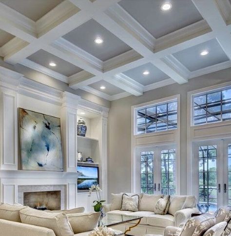 Unique Coffered Ceiling Designs Coffered Ceiling Ideas, Coffer Ceiling, Coffered Ceiling Design, Ceiling Design Living Room, Ceiling Ideas, Living Room Ceiling, Coffered Ceiling, Family Room Design, Cool Ideas