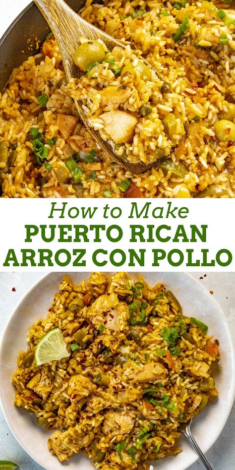 Learn how to make Puerto Rican arroz con pollo with our delicious recipe. This dish is made with a sofrito base. It is loaded with flavor and can be served as either a side dish or the main course. #arrosconpollo #puertoricanrecipe Sofrito Recipe Puerto Rican, Puerto Rican Recipes Rice, Con Pollo Chicken, Sofrito Recipe, Hispanic Dishes, Pollo Recipe, Puerto Rican Dishes, Latin Recipes, Puerto Rico Food