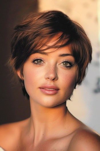 Rounded Choppy Layers Short Hairstyle. Short Whisky Hair, Pixie Feminine Haircut, Medium Hair Short Layers, Short Choppy Haircuts For Fine Hair, Short Hairstyles 2024, Short Wispy Haircuts, Short Brown Hair With Layers, November Hairstyles, "bixie" Haircut 2024