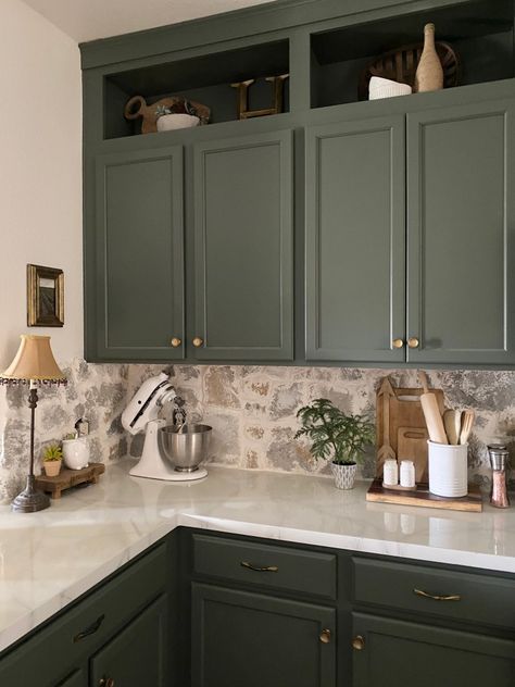 DIY Kitchen Remodel Reveal! Full Kitchen Remodel, Green Kitchen Cabinets, New Countertops, Stone Backsplash, Diy Kitchen Remodel, Kitchen Cabinets Makeover, Kitchen Farmhouse, Kitchen Cabinet Colors, Kitchen Redo