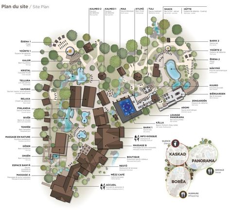 Map of Nordik Spa-Nature in Chelsea, Quebec Nordik Spa, Landscape Island, Future Mansion, Container Hotel, Resort Design Plan, Resort Plan, Cat Island, Outdoor Baths, Wellness Resort