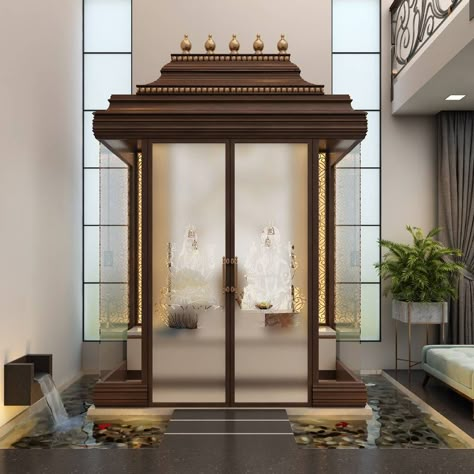 Puja Room Ideas Indian Homes, Prayer Room Door, Mandir In Home, Puja Room Door Design, Puja Design, Puja Unit Design, Interior Pillars, Pooja Area, Puja Unit