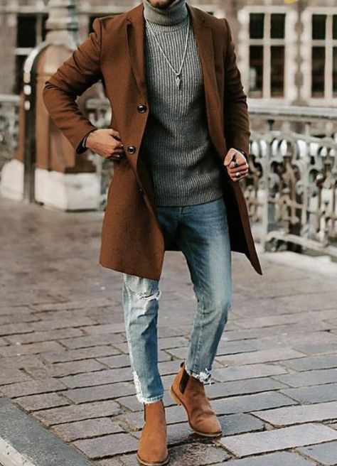 Brown Peacoat Outfit Men, Chealse Boots Outfit, Dark Brown Coat Outfit, Peacoat Outfit Men, Outfits Caballero, Overcoat Outfit, Brown Coat Outfit, Peacoat Outfit, Brown Peacoat