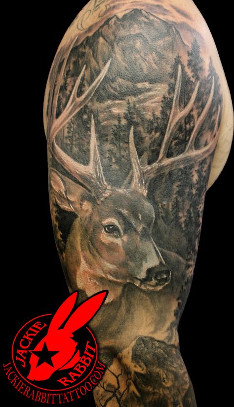 Deer Forest White Tail Buck Rack Antlers Tree Forest Hunting mountains Nature Realistic 3D Sleeve Tattoo by Jackie Rabbit Custom Tattoo by Jackie Rabbit @ Eye of Jade Tattoo 6165 Skyway, Paradise, CA (530) 343-5233 www.jackierabbittattoo.com White Tail Buck Tattoo, Black And Grey Deer Tattoo, Hunting Sleeve Tattoo For Men, White Tail Deer Tattoo, White Tail Buck, Jade Tattoo, Deer Hunting Tattoos, Buck Tattoo, Deer Tattoos