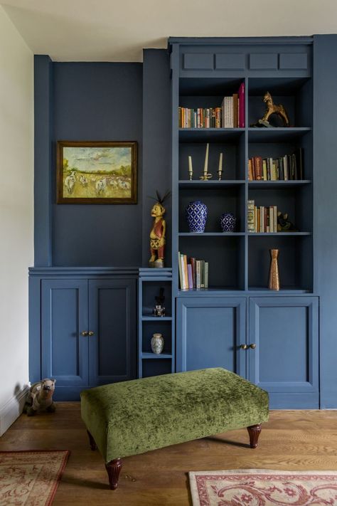 Victorian Bookshelf, Blue Paint Living Room, Blue Bookshelves, Painted Built Ins, City Bedroom, Terrace Home, Landing Library, Basement Living Room, Period Living