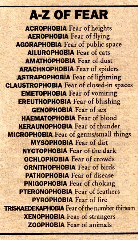 A-Z of Fear - List of Phobias All Phobia List, List Of Fears, Phobia Names, Fears List, Phobia Words, Uncommon Words, General Knowledge Book, Interesting English Words, Good Vocabulary Words