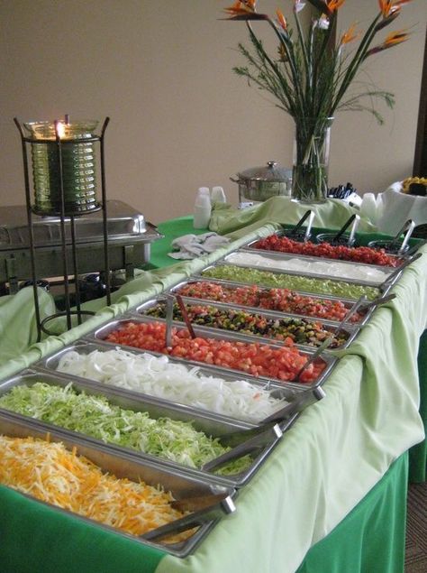 neat idea...Taco bar for the reception ~  easy, affordable, yummy, and fun!  Rod's idea for food at the reception. : ) Tacobar Party, Taco Bar Party, Graduation Food, Buffet Party, Nacho Bar, Graduation Party Foods, Graduation Open Houses, Food Buffet, Taco Party