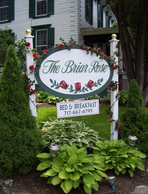 Sign with roses- Briar Rose Bed and Breakfast Reedsville, PA Bed And Breakfast Names Ideas, Bed And Breakfast Signs, Bed And Breakfast Ideas, Farm Signs Entrance, Homeless Shelter Ideas, Bed And Breakfast Sign, French Country Bed, Victorian Ideas, Rose Bed