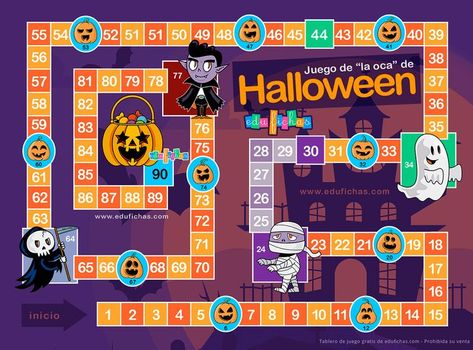 Esta es nuestra versión del juego de la oca para Halloween. En nuestra web (edufichas.com) encontrarás el PDF con el tablero y las reglas para imprimir. Juegos Halloween, Halloween Board Game, Hallowen Crafts, Hallowen Party, Imprimibles Halloween, Halloween Infantil, Halloween Worksheets, Board Game Design, Halloween Math