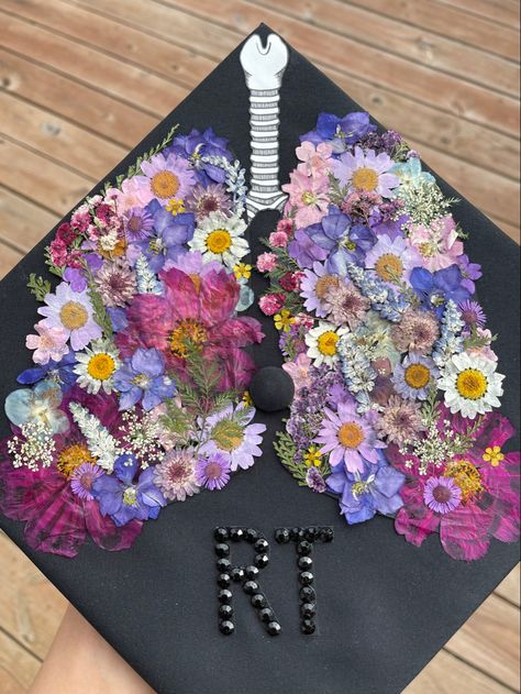 Pressed Flower Graduation Cap, Respiratory Aesthetic, Respiratory Graduation Party, Graduation Cap Designs Respiratory Therapy, Respiratory Cap Decoration, Respiratory Graduation Cap, Radiology Cap Decoration, Rad Tech Graduation Cap, Respiratory Therapist Graduation Cap