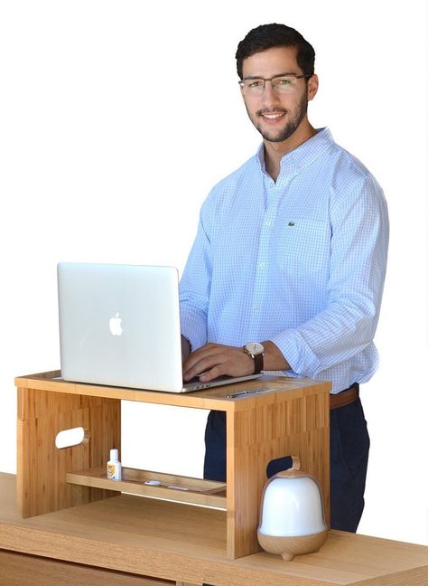 Diy Footrest Under Desk, Diy Standing Desk Riser, Diy Desk Riser, Desk Risers Ideas, Diy Standing Desk Converter, Simple Wooden Desks, Wood Standing Desk, Standing Desk Design, House Diys