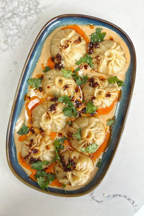 The BEST Chicken & Prawn Dumplings (Chili Tahini Sauce) - Myriad Recipes Homemade Momos, Turkey And Dumplings, Prawn Dumplings, Dumpling Sauce, Homemade Chilli, Raw Prawns, Best Dumplings, Homemade Dumplings, Prawn Recipes