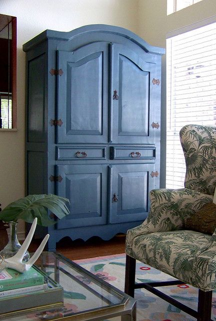 {Living Room} Blue Beauty Painted Armoires, Armoire Painted, Random Furniture, Armoire Repurpose, Living Room Armoire, Armoire Makeover, Living Room Blue, Furniture Blue, Painted Armoire