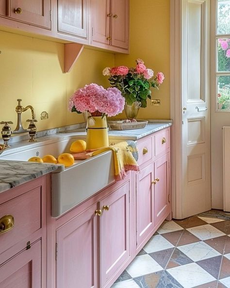 If like us you're still not over Bridgerton, @jenconell.home should be your new go-to for all your inspiration 🎀 #bridgerton #bridgertoninterior #interiordesign #idealhome #myidealhome Pink House Exterior, Pink Kitchen Cabinets, Modern Retro Kitchen, Future Interior Design, Dreamy Kitchens, Cottage Core Room, Pink Cabinets, Whimsical Kitchen, Rose Dans