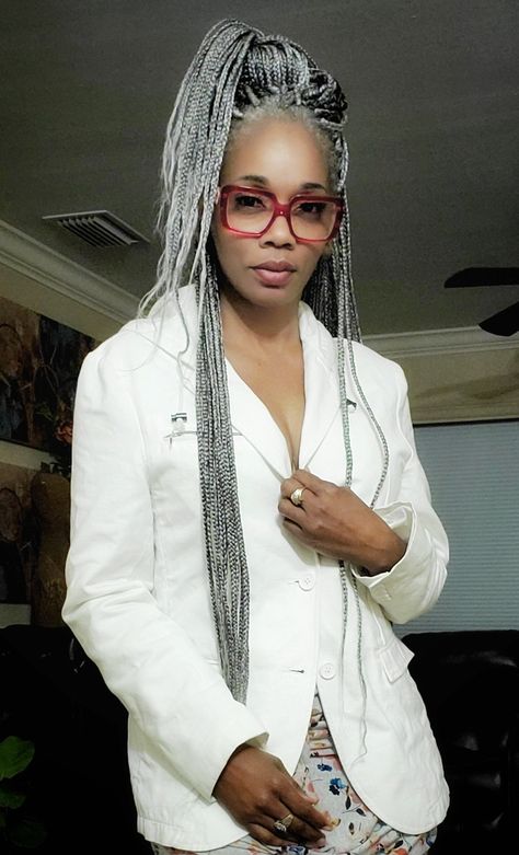 Black And Silver Hairstyles, Gray Micro Braids, Braids With Gray Hair Black Women, Grey Ponytail Gray Hair, Platinum Braids On Black Women, Gray Hair Braids Black Women, Platinum Gray Hair On Black Women, Grey Knotless Box Braids, Silver Knotless Braids