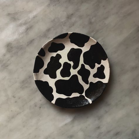 #airdryclay trinket in cow print :)🐮 Cow Print Plate, Cow Trinket Dish, Cow Print Pottery, Air Dry Clay Trinket Dish, Australia Bedroom, Air Dry Clay Trinket, Vessel Art, Clay Cow, Clay Trinket Dish