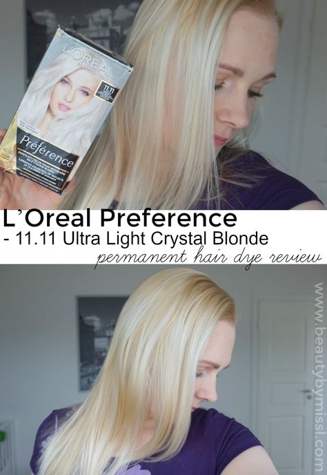 L’Oreal Preference 11.11 Ultra Light Crystal Blonde permanent hair dye review and before  after photos. Blonde Box Dye Before And After, Box Dye Blonde, Loreal Preference Hair Color, Loreal Hair Dye, Blonde Box Dye, Box Hair Dye, Cool Blonde Hair Colour, Loreal Hair Color, Blonde Dye