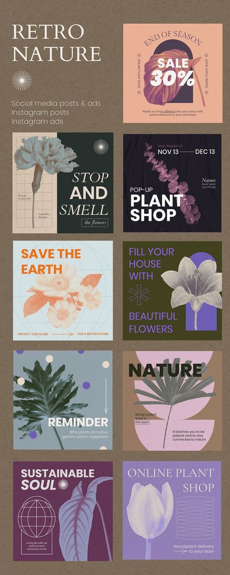 Download these eye-catching retro botanical sale templates and make designs that stand out! rawpixel offers customizable templates perfect for social media ads and posts. Retro Nature, Social Media Branding Design, Social Media Ads, Flower Graphic Design, Flowers Instagram, Flower Boutique, Graphic Design Photoshop, Social Media Design Inspiration, Backgrounds Wallpapers