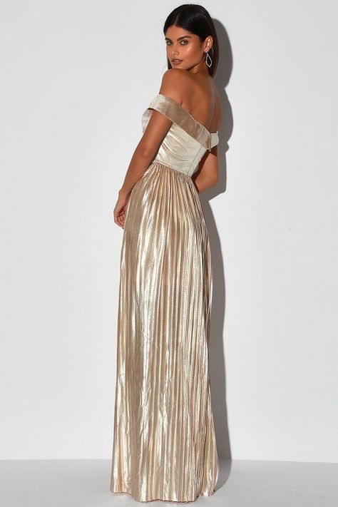 Champagne Maxi Dress - Off-the-Shoulder Dress - Pleated Gown #ad #Dress, #sponsored, #Maxi, #Champagne, #Gown Champagne Gold Bridesmaid Dresses, Taupe Gown, Champagne Maxi Dress, Champagne Gown, Gold Maxi Dress, Empire Waist Tops, Pleated Gown, Gold Bridesmaid Dresses, Champagne Dress