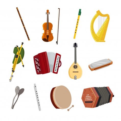 Irish musical instruments | Premium Vector #Freepik #vector #music #bow #metal #buttons Irish Musical Instruments, Irish Instruments, Celtic Ireland, English Day, Beyond The Border, Irish Music, Visual Board, Music And Movement, Art Theme