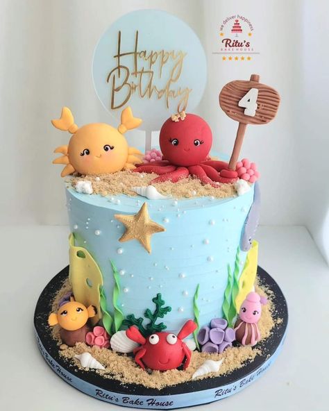 Ocean Animals Cake, Ocean Cake Ideas, Underwater Birthday Cake, Birthday Party Under The Sea, Octopus Cake, Underwater Birthday, Panda Items, Baby Boy Birthday Cake, Ocean Cakes