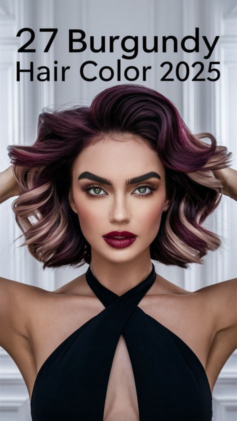 Short Burgundy Hair Bob, Rose Gold Hair Dark Roots, Deep Red Balayage, Raspberry Balayage, Chocolate Lowlights, Violet Balayage, Burgundy Hair Color Ideas, Short Burgundy Hair, Violet Highlights