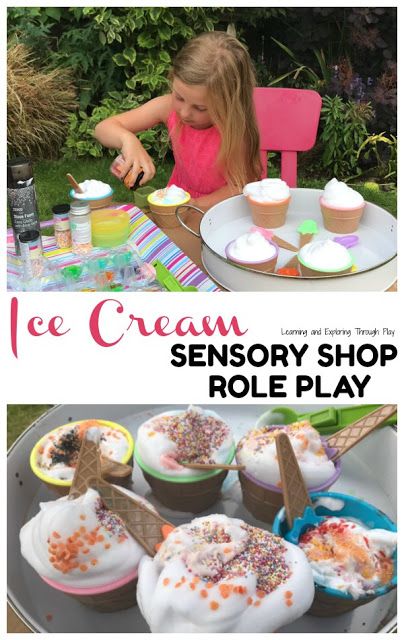 Ice Cream Sensory Role Play Sensory Ice Cream Play, Ice Cream Role Play, Ice Cream Tuff Tray, Ice Cream Parlour Role Play, Cafe Role Play, Summer Camp Ideas For Kids, Ice Cream Shop Dramatic Play, Olivers Vegetables, Camp Ideas For Kids