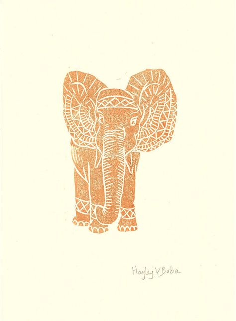 A4 Original Lino Print - Elephant - Burnt Orange - Signed by the Artist Bengali Art, Lino Printing, Print Ideas, Lino Print, Burnt Orange, The Artist, Printmaking, Trunk, Tattoo Ideas