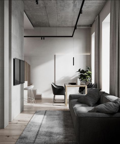 Minimal Industrial Interior, Japanese Zen Interior, Brutalism Interior, Minimal Loft, Industrial Apartment Decor, Industrial Living Room Design, Interior Design Behance, Condo Interior, Modern Home Interior Design