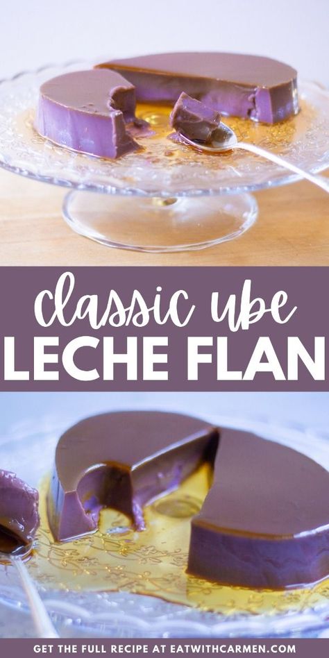 Ube Leche Flan: Experience the creamy and rich flavors of ube leche flan, a delightful Filipino dessert. Ube Flan Recipe, Leche Flan Recipe Philippines, Ube Flan Cake Recipe, Ube Leche Flan Cake, Ube Flan, Ube Biko, Leche Flan Cake, Filipino Leche Flan, Ube Cake